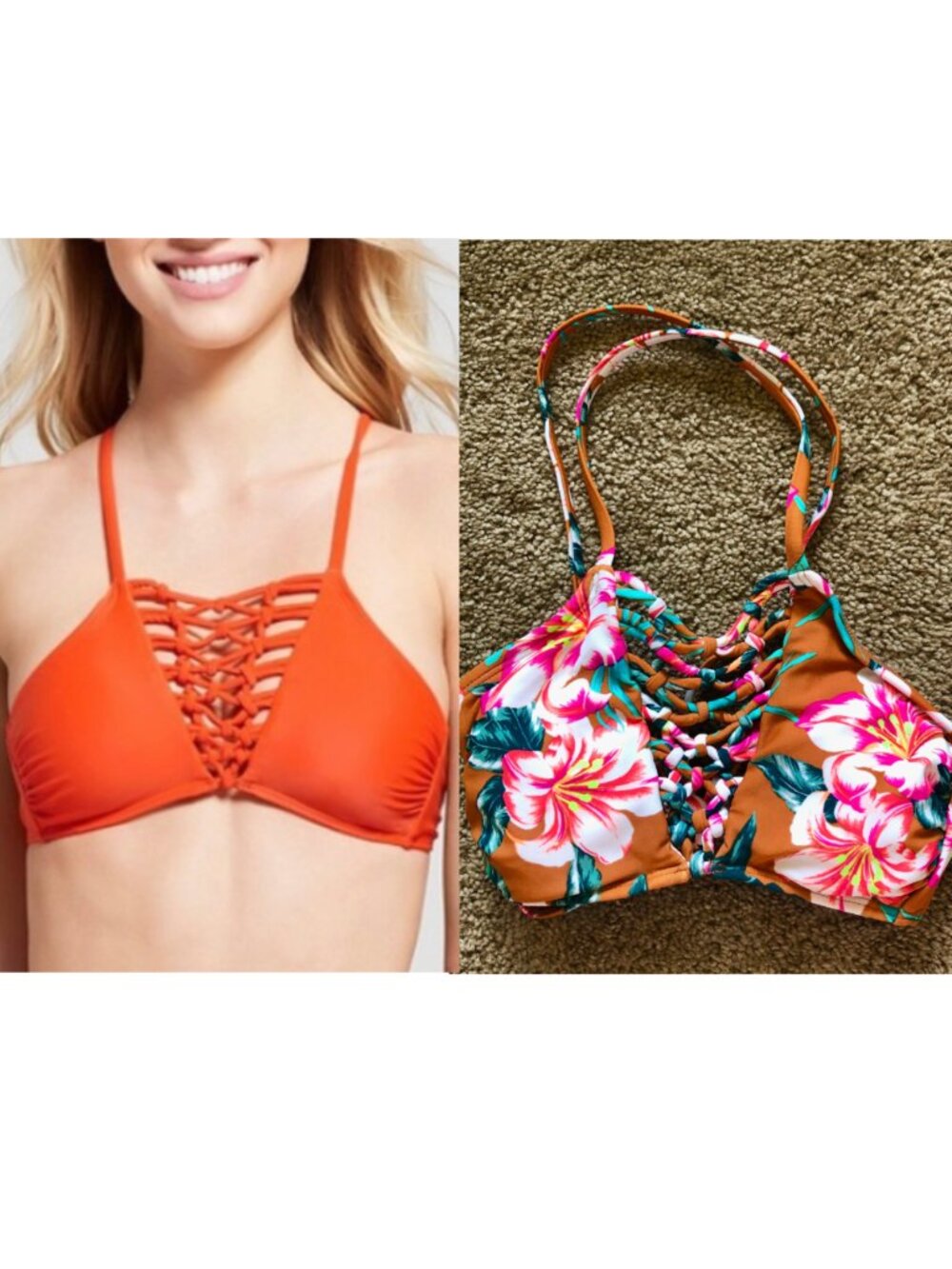 NEW NWT XHILARATION Macrame Strappy High Neck Bikini Top Mustard Gold Floral XS